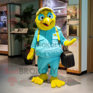 Turquoise Canary mascot costume character dressed with a Cargo Pants and Messenger bags