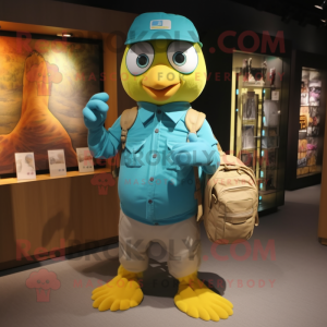 Turquoise Canary mascot costume character dressed with a Cargo Pants and Messenger bags