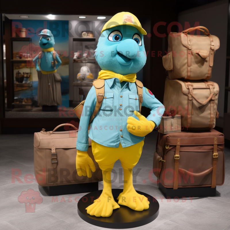 Turquoise Canary mascot costume character dressed with a Cargo Pants and Messenger bags