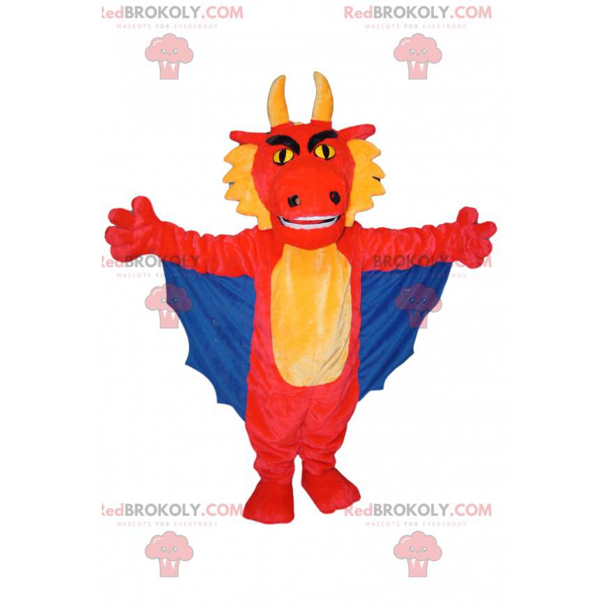 Mascotte de dragon rouge et jaune avec des ailes bleues -