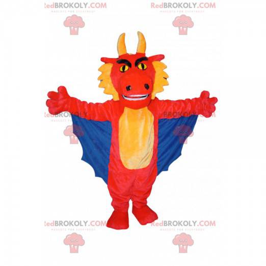 Mascotte de dragon rouge et jaune avec des ailes bleues -