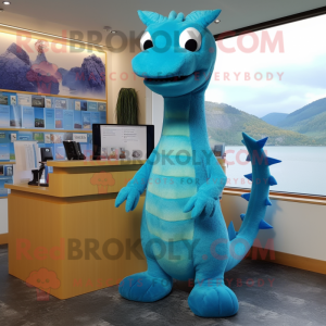 Sky Blue Loch Ness Monster mascot costume character dressed with a Pencil Skirt and Hairpins