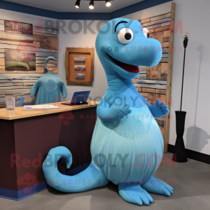 Sky Blue Loch Ness Monster mascot costume character dressed with a Pencil Skirt and Hairpins