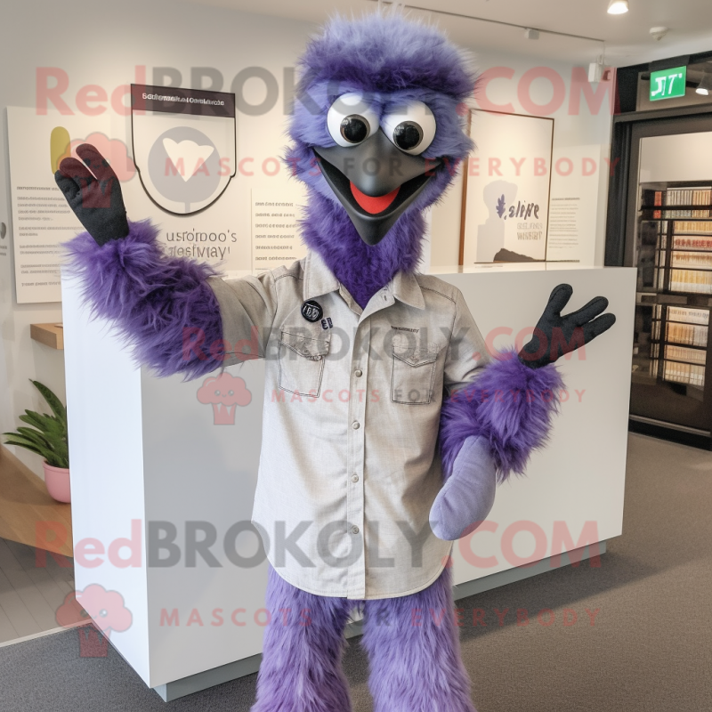 Lavender Emu mascot costume character dressed with a Henley Shirt and Cufflinks