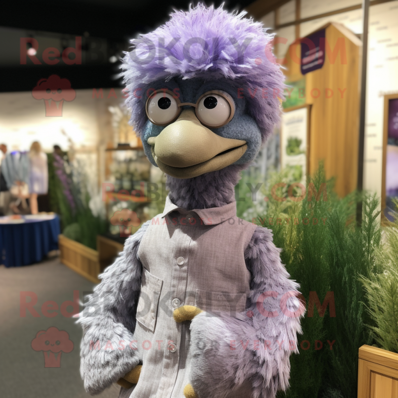 Lavender Emu mascot costume character dressed with a Henley Shirt and Cufflinks