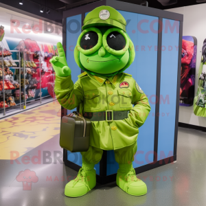 Lime Green Air Force Soldier mascot costume character dressed with a Boyfriend Jeans and Handbags