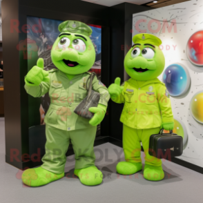 Lime Green Air Force Soldier mascot costume character dressed with a Boyfriend Jeans and Handbags