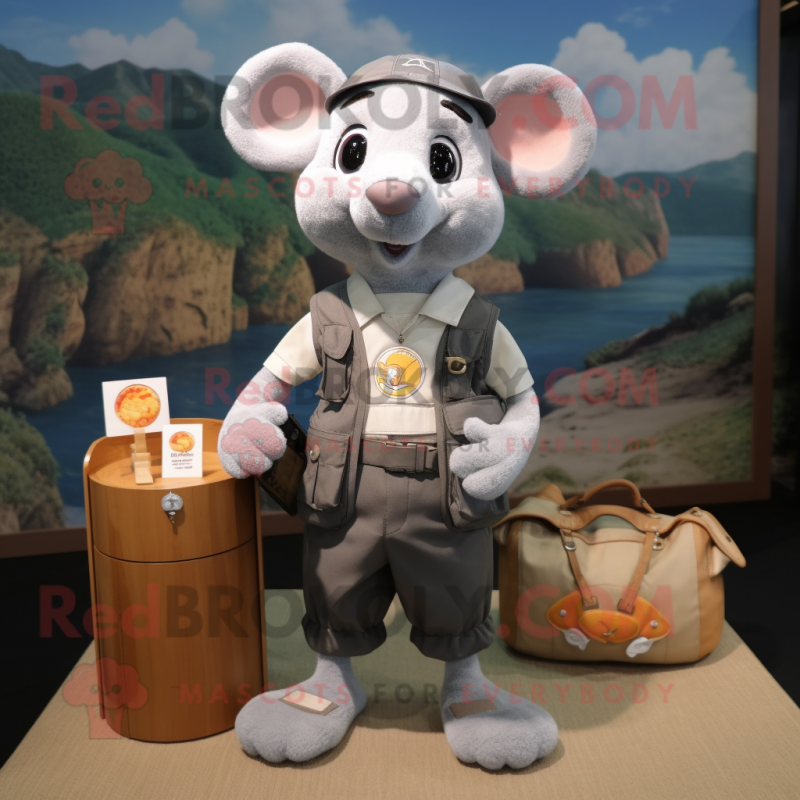 Gray Apricot mascot costume character dressed with a Cargo Shorts and Coin purses Gray Apricot mascot costume character dressed with a Cargo Shorts and Coin purses