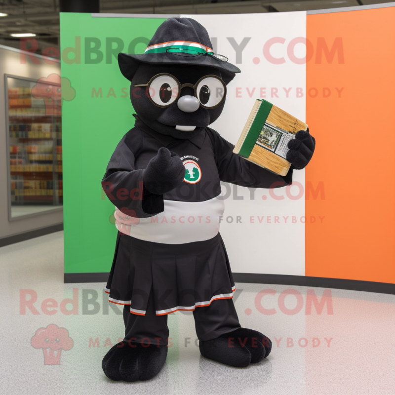Black Irish Flag mascot costume character dressed with a Baseball Tee and Reading glasses