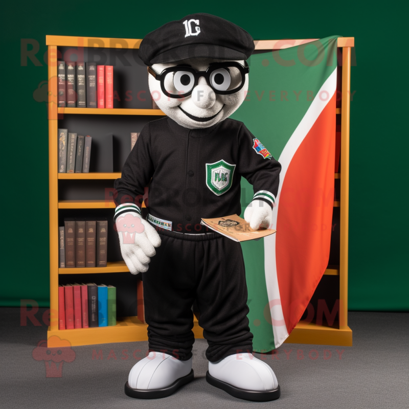 Black Irish Flag mascot costume character dressed with a Baseball Tee and Reading glasses Black Irish Flag mascot costume character dressed with a Baseball Tee and Reading glasses