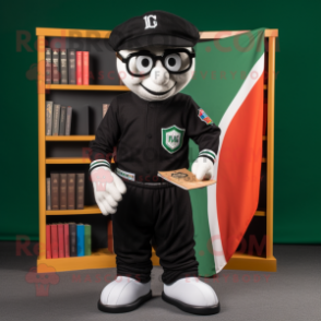 Black Irish Flag mascot costume character dressed with a Baseball Tee and Reading glasses