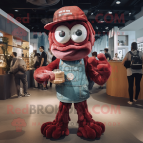 Maroon Fried Calamari mascot costume character dressed with a Denim Shorts and Suspenders