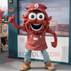 Maroon Fried Calamari mascot costume character dressed with a Denim Shorts and Suspenders