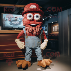 Maroon Fried Calamari mascot costume character dressed with a Denim Shorts and Suspenders
