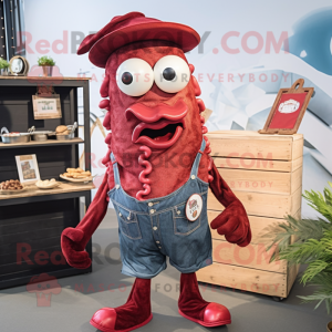 Maroon Fried Calamari mascot costume character dressed with a Denim Shorts and Suspenders