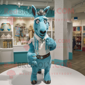 Turquoise Donkey mascot costume character dressed with a Dress Shirt and Shawls