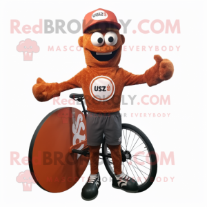 Rust Unicyclist mascot costume character dressed with a Sweatshirt and Tie pins