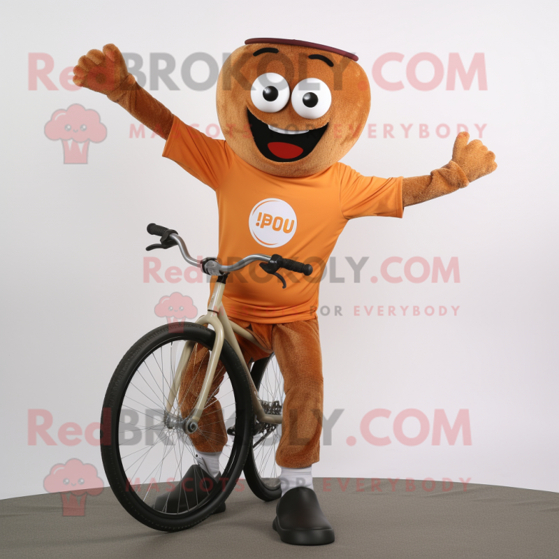 Rust Unicyclist mascot costume character dressed with a Sweatshirt and Tie pins