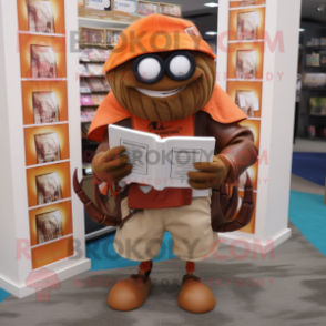 Brown Hermit Crab mascot costume character dressed with a Graphic Tee and Reading glasses