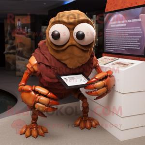 Brown Hermit Crab mascot costume character dressed with a Graphic Tee and Reading glasses