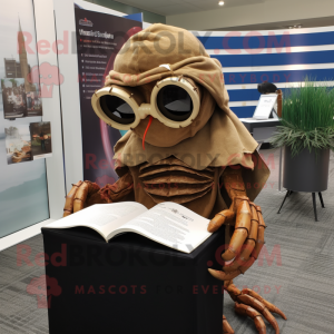 Brown Hermit Crab mascot costume character dressed with a Graphic Tee and Reading glasses