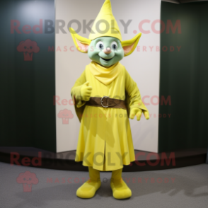 Yellow Elf mascot costume character dressed with a Empire Waist Dress and Belts