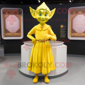 Yellow Elf mascot costume character dressed with a Empire Waist Dress and Belts