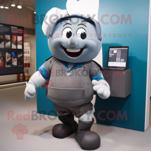 Gray Computer mascot costume character dressed with a Rugby Shirt and Briefcases