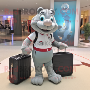 Gray Computer mascot costume character dressed with a Rugby Shirt and Briefcases