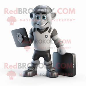 Gray Computer mascot costume character dressed with a Rugby Shirt and Briefcases