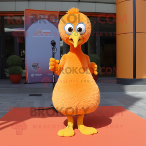 Orange Ostrich mascot costume character dressed with a Wrap Dress and Tie pins