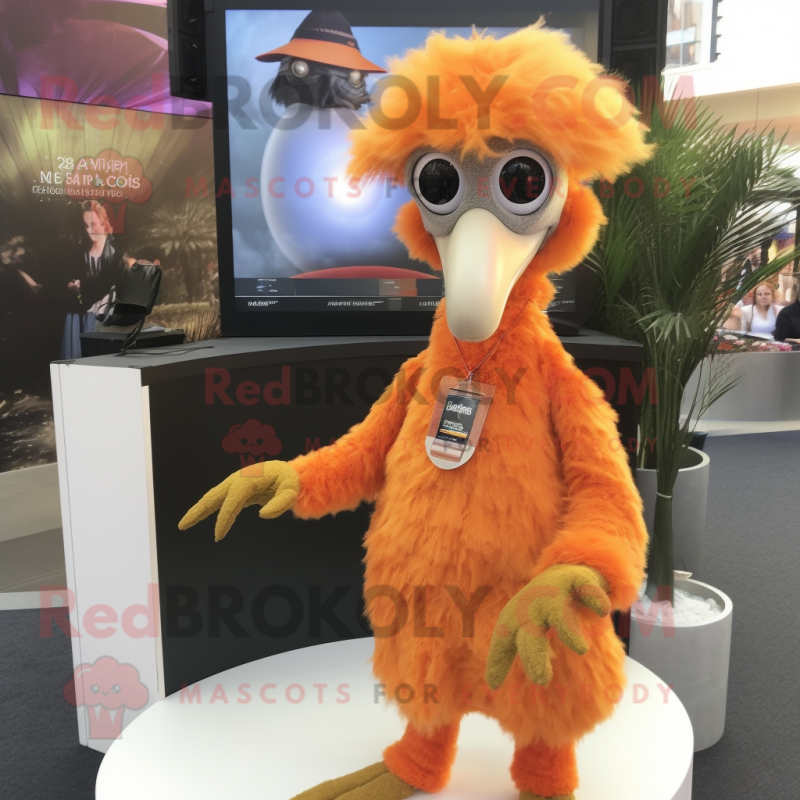 Orange Ostrich mascot costume character dressed with a Wrap Dress and Tie pins