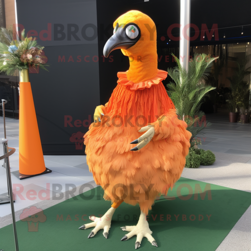 Orange Ostrich mascot costume character dressed with a Wrap Dress and Tie pins