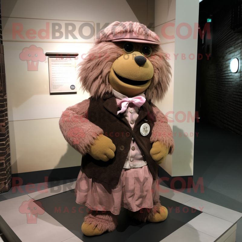Brown Pink mascot costume character dressed with a Waistcoat and Shawl pins