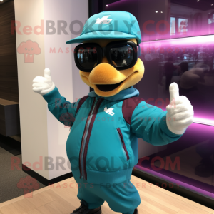 Teal Plum mascot costume character dressed with a Bomber Jacket and Sunglasses