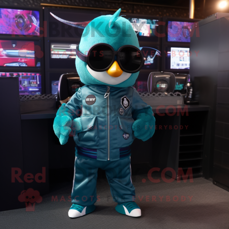 Teal Plum mascot costume character dressed with a Bomber Jacket and Sunglasses