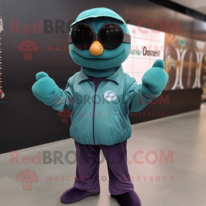 Teal Plum mascot costume character dressed with a Bomber Jacket and Sunglasses