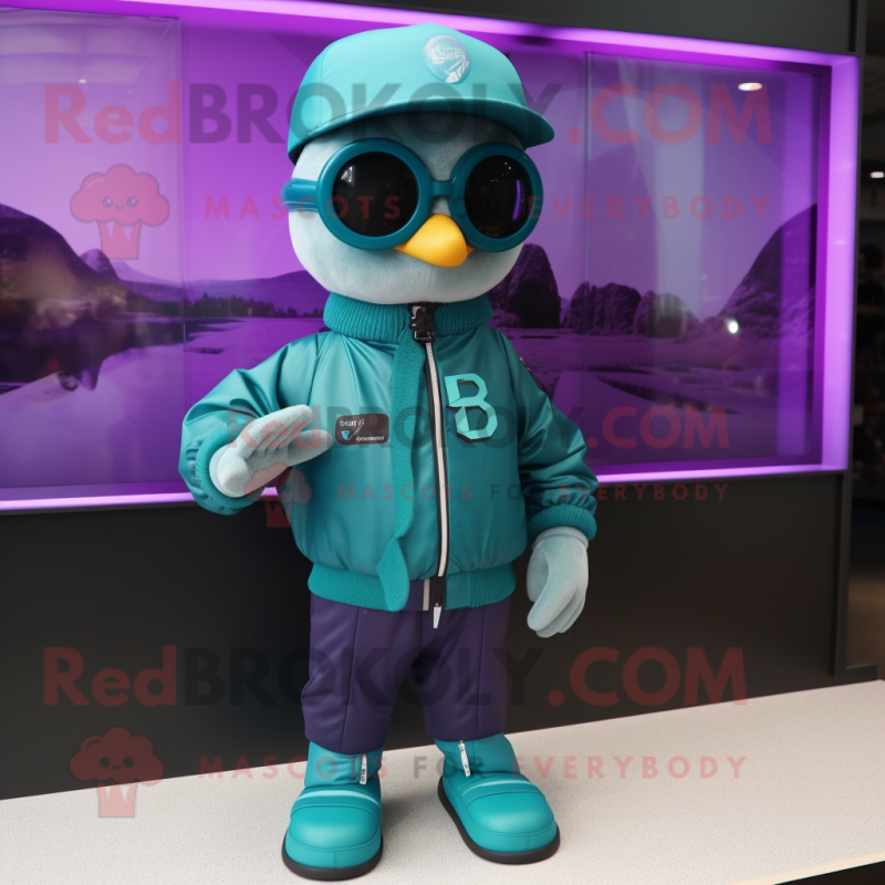 Teal Plum mascot costume character dressed with a Bomber Jacket and Sunglasses