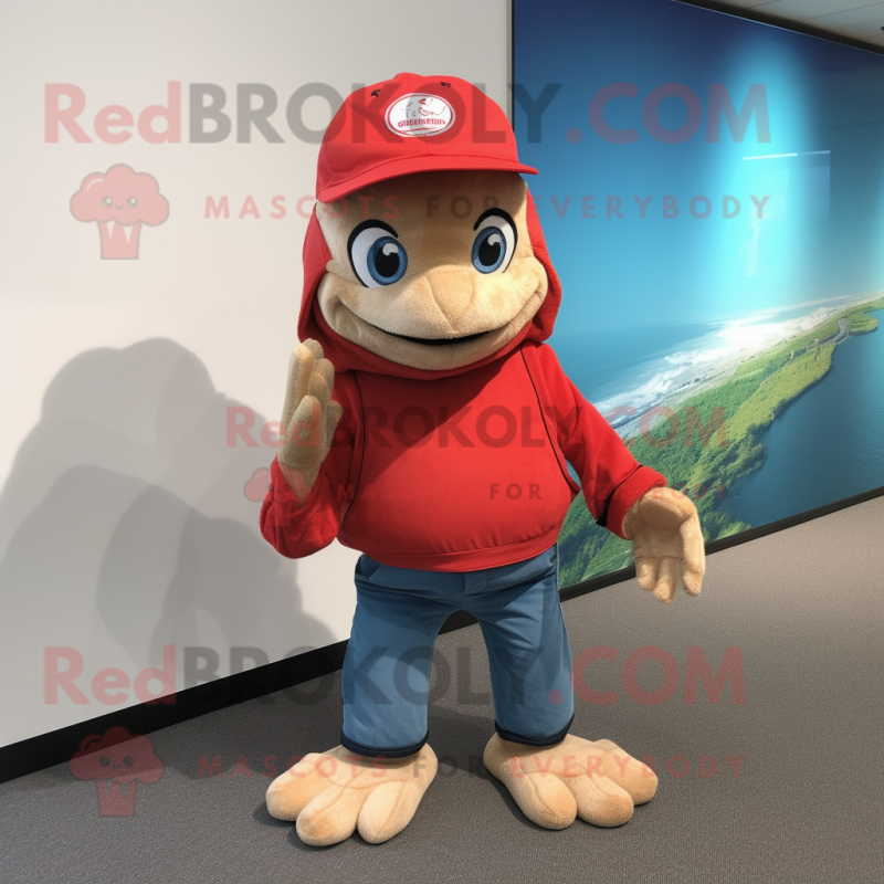 Red Sea Turtle mascot costume character dressed with a Bootcut Jeans and Berets Red Sea Turtle mascot costume character dressed with a Bootcut Jeans and Berets