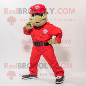 Red Sea Turtle mascot costume character dressed with a Bootcut Jeans and Berets