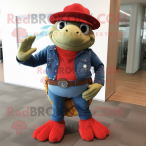 Red Sea Turtle mascot costume character dressed with a Bootcut Jeans and Berets