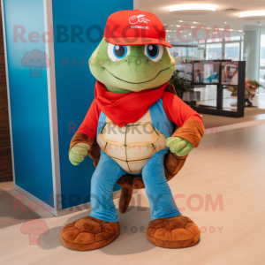 Red Sea Turtle mascot costume character dressed with a Bootcut Jeans and Berets