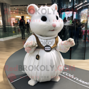 White Hamster mascot costume character dressed with a Maxi Skirt and Bracelet watches