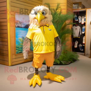 Yellow Haast'S Eagle mascot costume character dressed with a Bermuda Shorts and Earrings