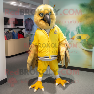 Yellow Haast'S Eagle mascot costume character dressed with a Bermuda Shorts and Earrings