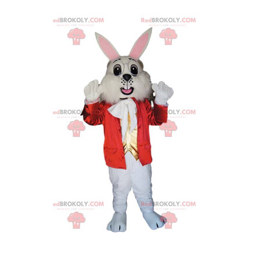 Kanin maskot med en elegant rød jakke og briller -