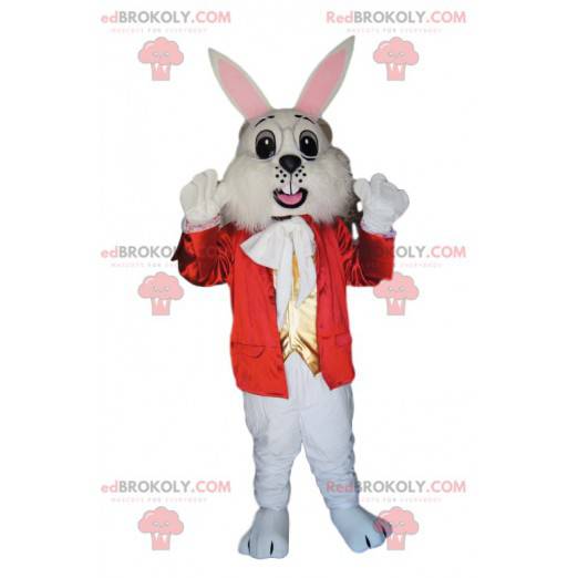 Kaninchenmaskottchen mit eleganter roter Jacke und Brille -