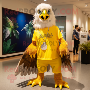 Yellow Haast'S Eagle mascot costume character dressed with a Bermuda Shorts and Earrings