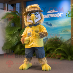 Yellow Haast'S Eagle mascot costume character dressed with a Bermuda Shorts and Earrings