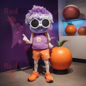 Purple Apricot mascot costume character dressed with a Bermuda Shorts and Hairpins